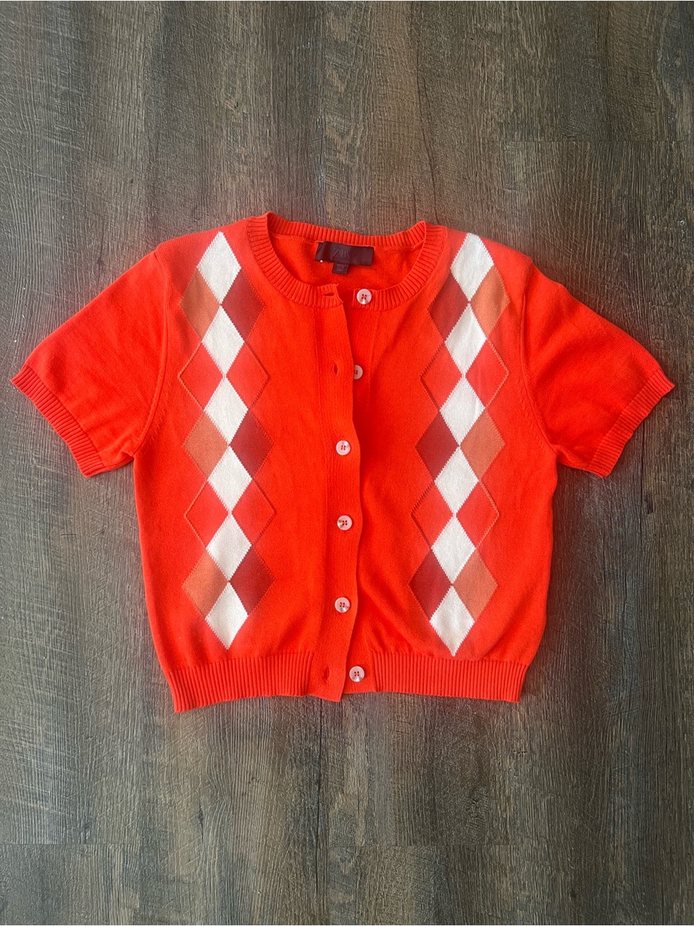 Zara Orange Argyle Short-Sleeve Cardigan